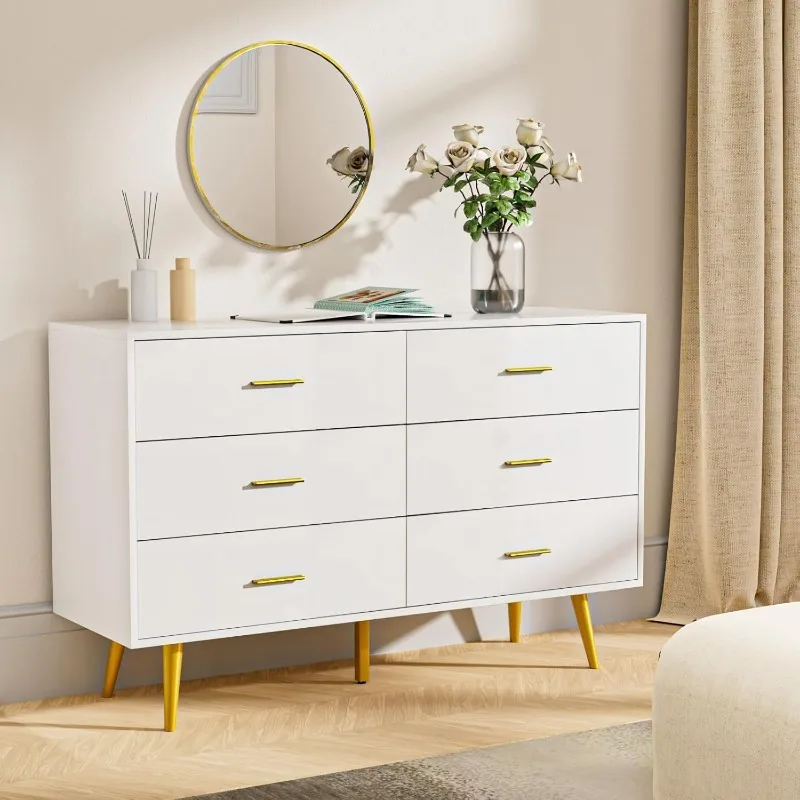 White Dresser For Bedroom, 6 Drawer Dresser With Wide Drawers And Gold Metal Handles, Wood Dressers & Chest Of Hallway - AliExpress 1503